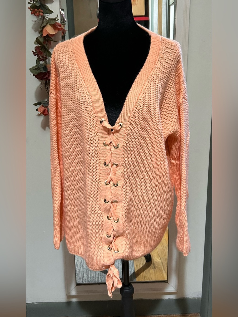 Entro Peach Lace-Up V-Neck Cardigan Sweater- Large NWOT